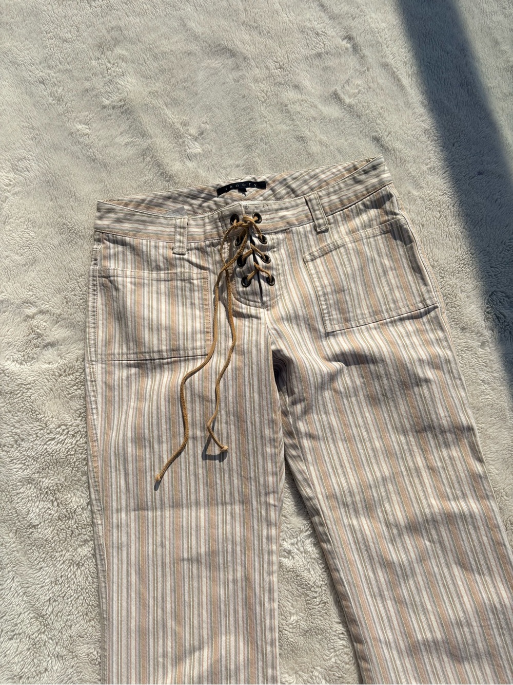 Theory Striped Capri Pants Lace-Up Beach Coastal Boho Size 6 Cream Green Pink - Picture 3 of 7